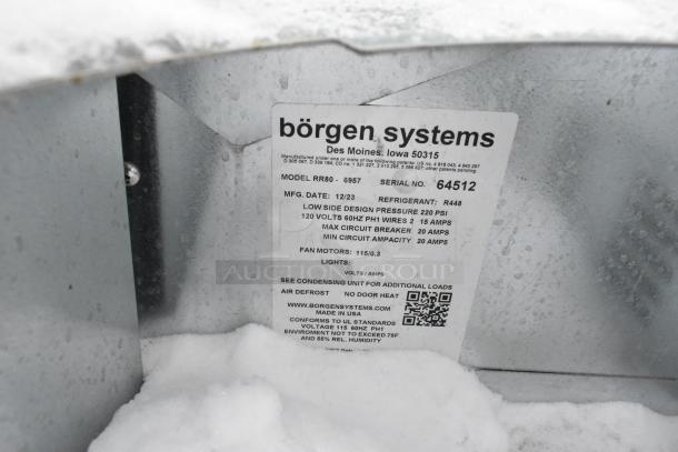 Borgen Systems RR80-6957 metal merchandiser label showing model, serial number, voltage, and manufacturing details.