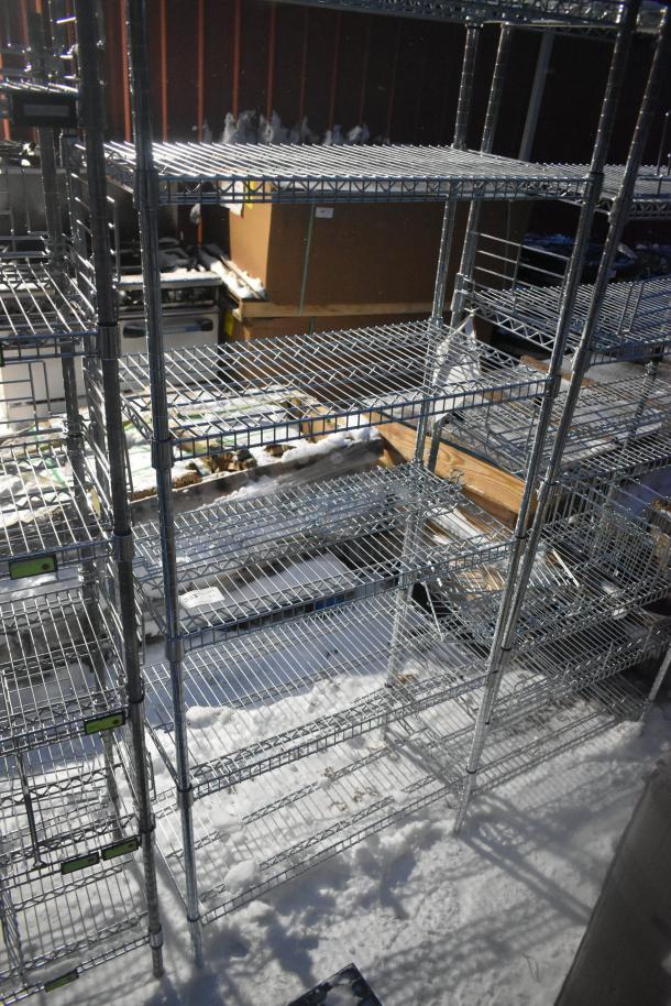 2 chrome finish wire shelving units, multiple tiers, excellent condition, buyer must dismantle, consider freight charges.