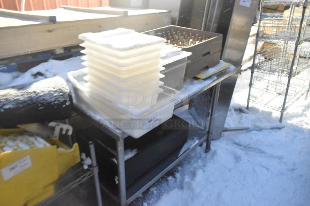 Stainless steel table with under shelf, includes poly bins, trash can, glass racks; visible tag with lot number 366.