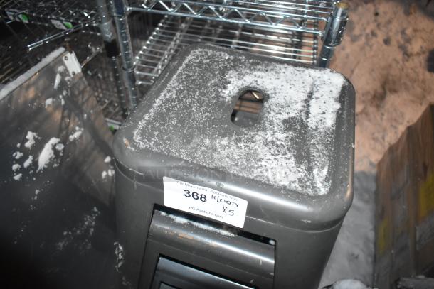 5 gray metal Tolix style stools, stackable design, weathered condition. Auction label shows quantity: 5 times your bid.