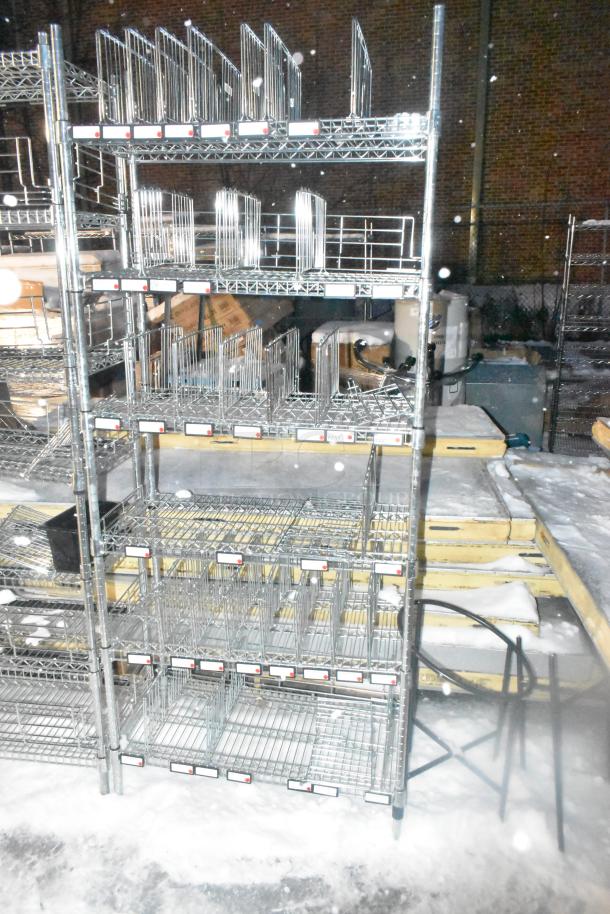 Two chrome finish wire shelving units with adjustable shelves, organizational dividers, and visible labels for inventory management.