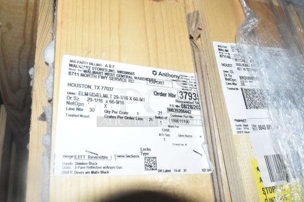 Crated Anthony 29-1/16"x66-9/16" door, brand new, label shows shipping details and specs. 4 items for auction.