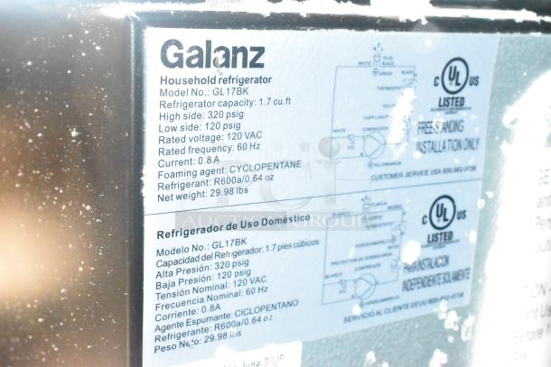 Alt Text:  
Galanz GL17BK mini cooler label showing specs: 1.7 cu ft, 120 VAC, 60 Hz, 0.8A. Refrigerant: R600a. Net weight: 29.98 lbs.