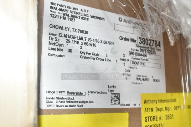Alt text: Brand new Anthony door, size 29-1/16"x66-9/16", in crate. Matte black finish, 3-pane reflective glass. Shipment label visible.