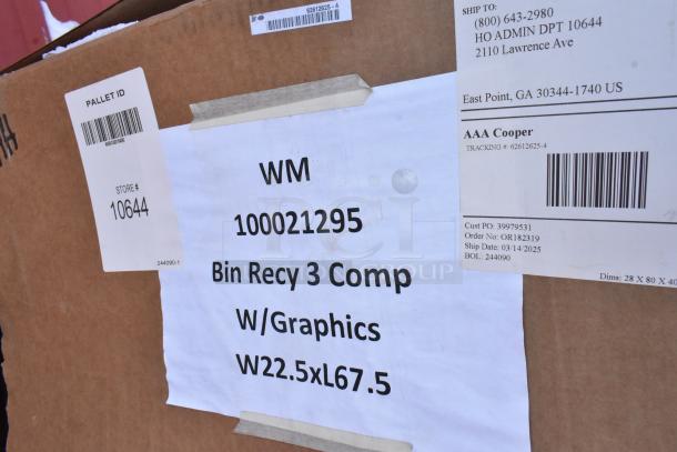 Close-up of shipping label on a cardboard box for a 3-compartment recycling bin, model WM 100021295, indicating dimensions W22.5xL67.5. Store #10644.