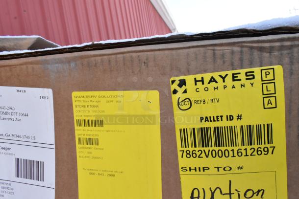 A shipping box labeled Hayes Company and Qualserv Solutions; contains a 3-compartment recycling bin, marked as scratch and dent.