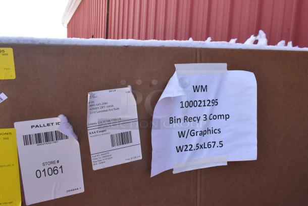 Cardboard box with labels for a 3-compartment recycling bin, model WM 100021295, dimensions W22.5xL67.5. New condition.