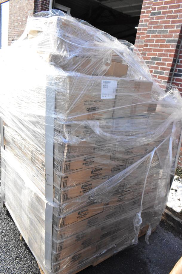 72 boxed items on a pallet, including Sterno 10102 chafing fuel cans and Cambro MDSM8110 insulated mugs. Brand new, wrapped.