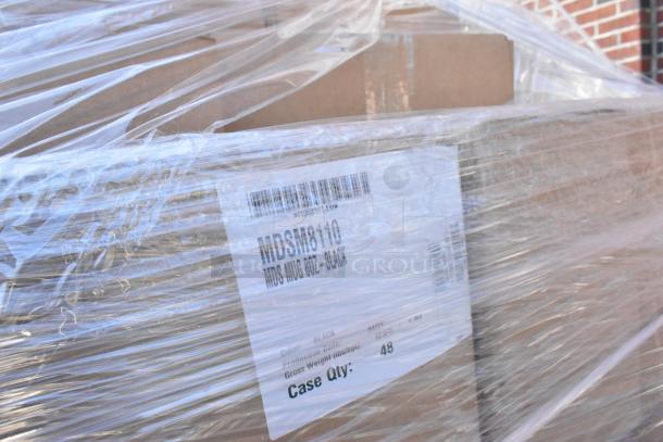 Shrink-wrapped pallet with label showing Cambro MDSM8110 Black 8 oz. Insulated Mugs, 48 pieces per case, brand new condition.