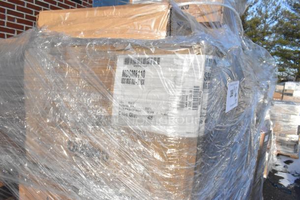 Pallet of boxed items wrapped in plastic; visible labels show Cambro MDSM8110 insulated mugs, black, case quantity 48.