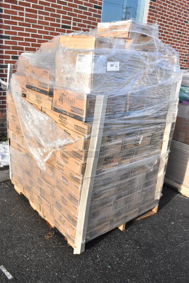 Pallet of 72 new Sterno chafing fuel cans and Cambro mugs, wrapped in plastic, labeled "Softlight Stem Wick."