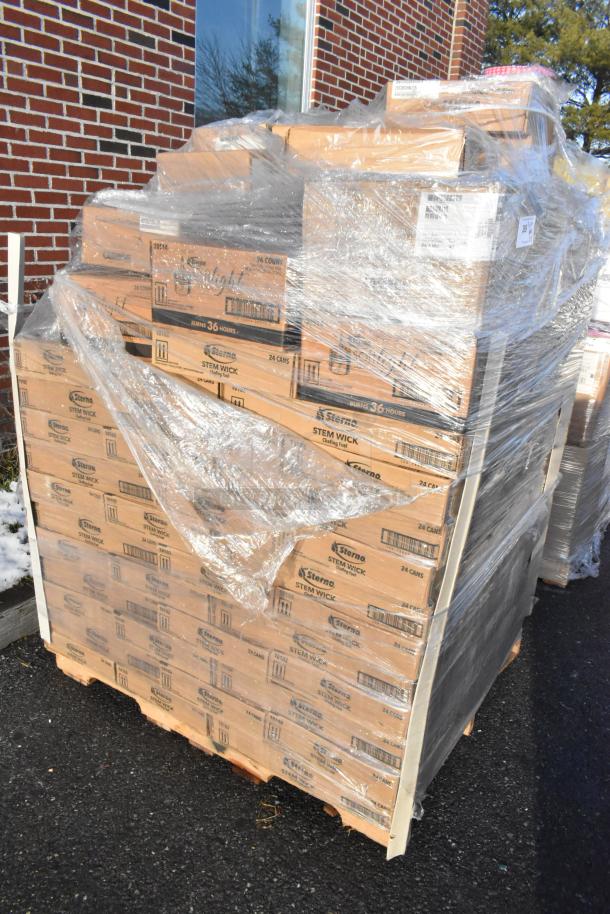 Pallet of 72 new Sterno 10102 Chafing Fuel Can boxes, wrapped in plastic, slight dents visible.
