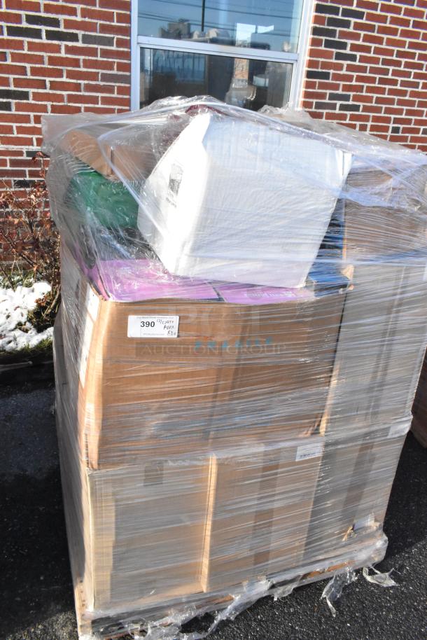Plastic-wrapped pallet with boxes labeled "Fragile," containing 30 new mixed items like Bordeaux glasses and fryer filter sheets.