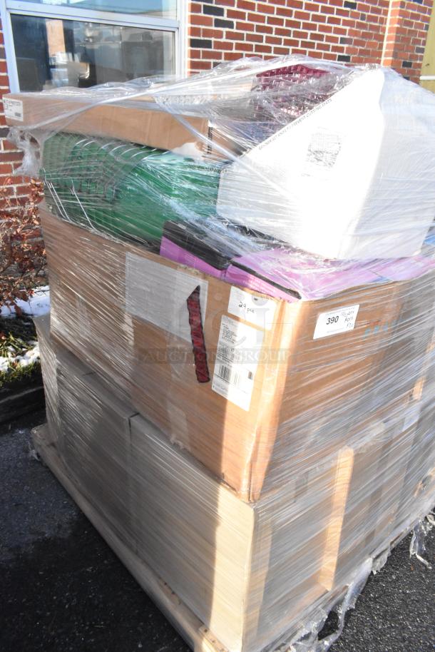 Pallet with 30 new scratch and dent items, including Stolzle Bordeaux glasses, green buckets, and fryer filter sheets, wrapped in plastic.