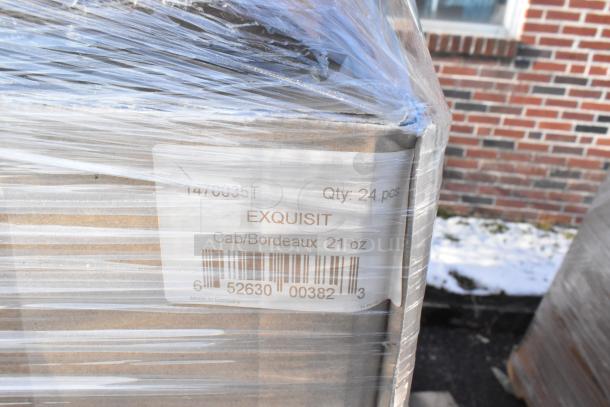 Plastic-wrapped cardboard box labeled "1470035T Exquisit" containing 24 Stolzle 21 oz Bordeaux glasses.