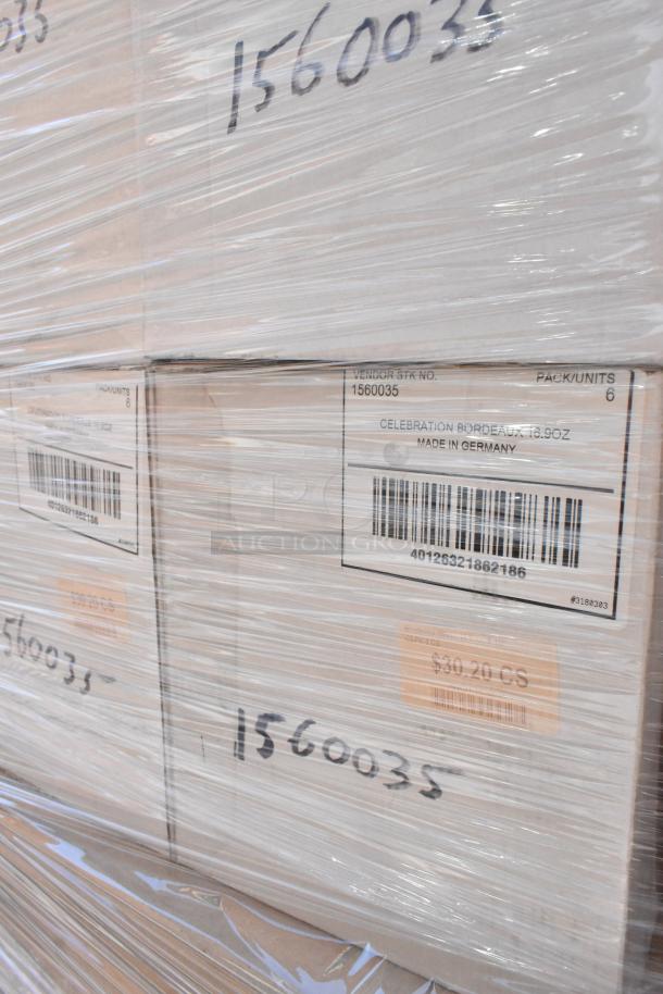 Stacked boxes of Stolzle 1560035 Celebration Bordeaux glasses, wrapped in plastic, labeled "Made in Germany," 6 per case.