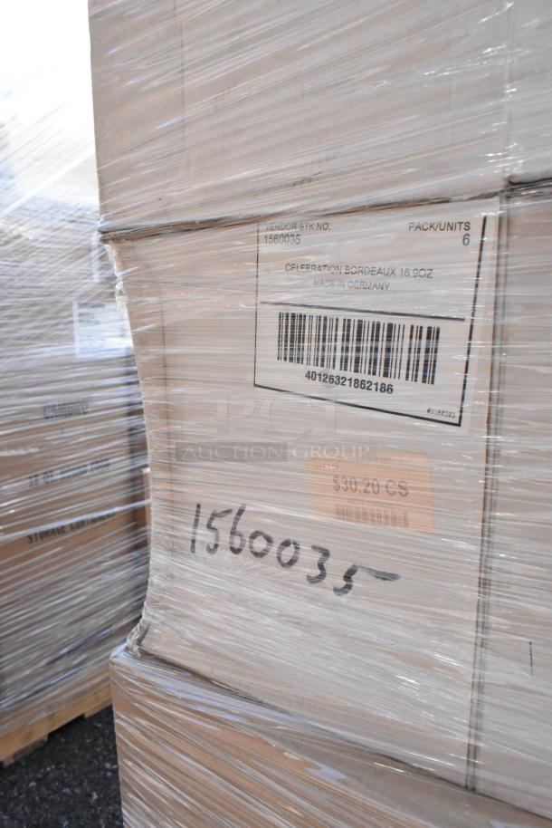 Sealed pallet containing 30 brand new items, including celebration Bordeaux glasses and green buckets. Box labeled "1560035" and "Made in Germany."