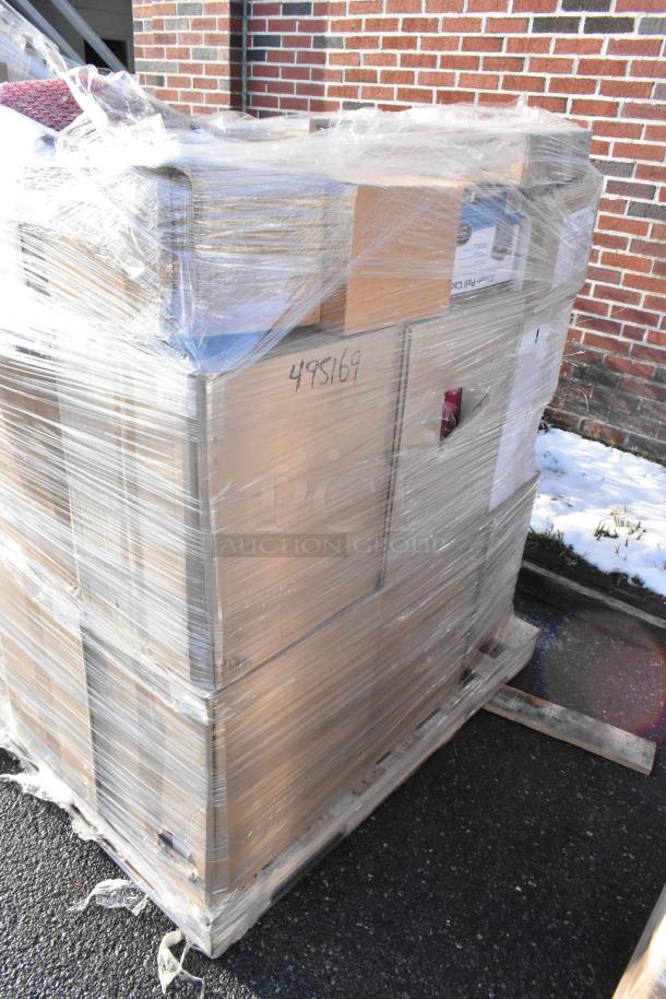 Pallet of 30 brand new scratch and dent items, wrapped in plastic. Includes Stolzle glassware, green buckets, fryer filter sheets.