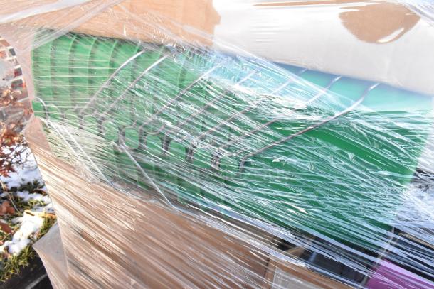 Pallet of wrapped green buckets for auction, part of 30 brand new scratch and dent items including Stolzle glassware.