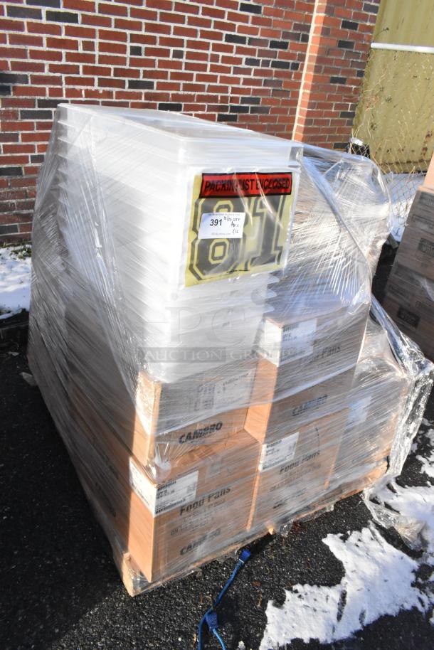 Plastic-wrapped pallet with 12 new Cambro food pans and storage containers. Labels indicate models and packaging intact.