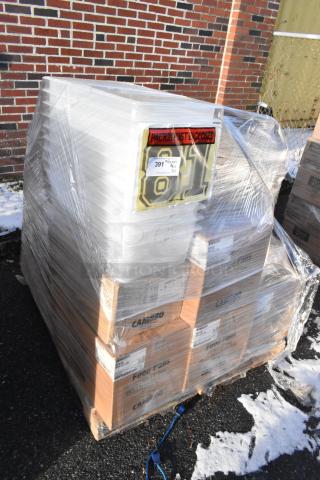 Plastic-wrapped pallet with 12 new Cambro food pans and storage containers. Labels indicate models and packaging intact.