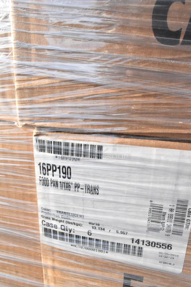 Packaging for Cambro 16PP190 food pans, 6" deep, translucent, marked with production info and barcode, wrapped in plastic.