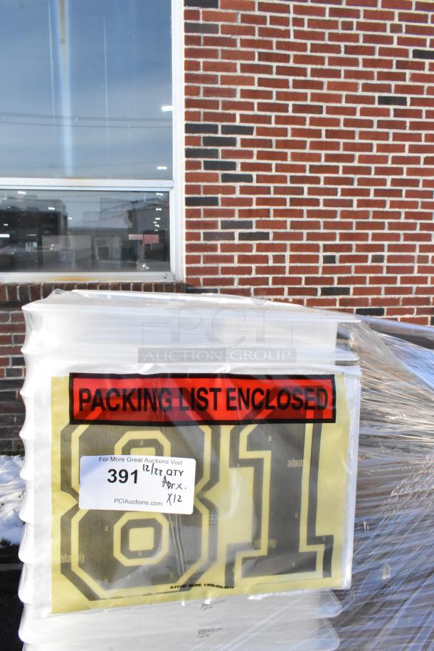 Packaged items with "Packing List Enclosed" sign, includes Cambro food pans and storage containers, scratch and dent condition.