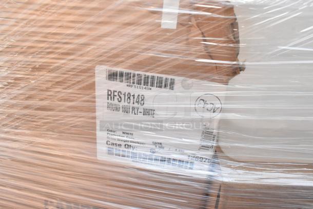Sealed pallet with label reading "RFS18148, Round 18 Qt Ply-White, Case Quantity 12." Contains Cambro containers.