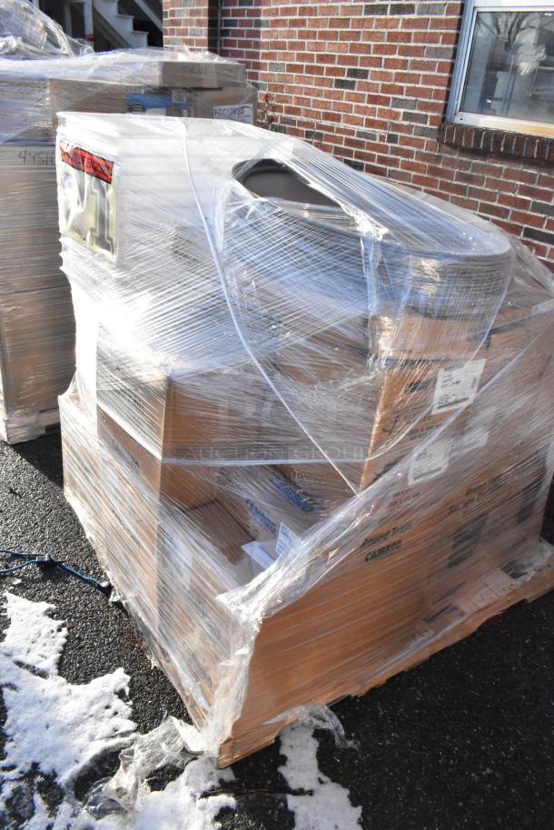 Shrink-wrapped pallet of 12 brand new Cambro items, including 16PP190 food pans and RFS18148 storage containers.