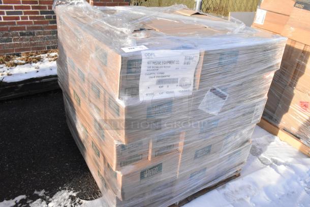 Pallet of 75 new scratch and dent Brew Rite coffee filter boxes, wrapped in plastic. Label indicates 1 of 2 pallets.