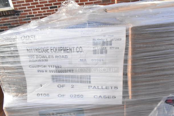 Wrapped pallet labeled for Kittredge Equipment Co. Contains 75 new scratch and dent items including Brew Rite coffee filters.