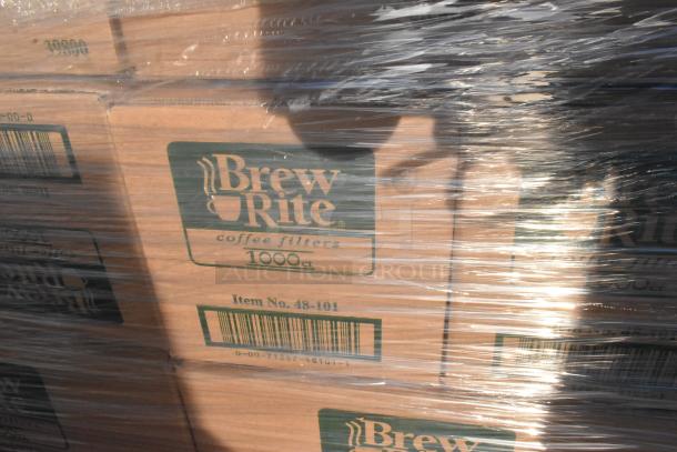 Boxes of Brew Rite coffee filters, 1000 count each, wrapped in plastic. Item No. 48-101 visible. Scratch and dent condition.