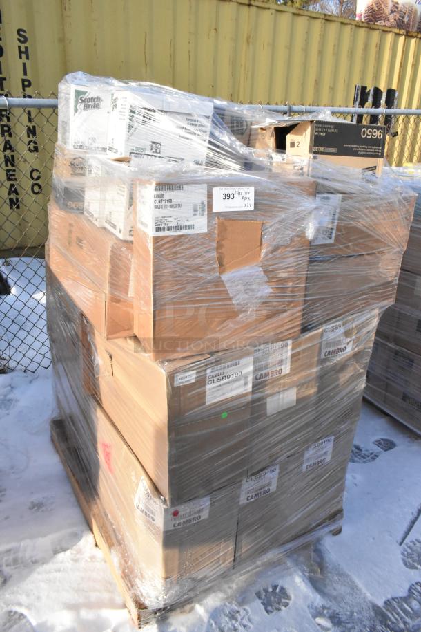Pallet of 22 brand new scratch and dent items, including Cambro lids and Scot Brite pads, wrapped in plastic, labels visible.