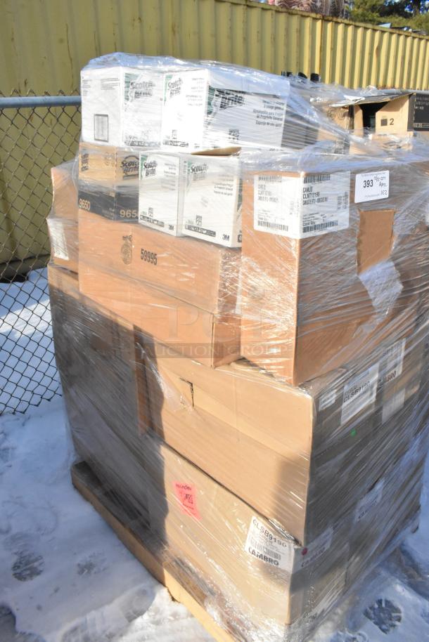 Pallet with boxes of 22 new scratch-and-dent items, including Cambro lids and Scotch-Brite pads, wrapped in plastic.