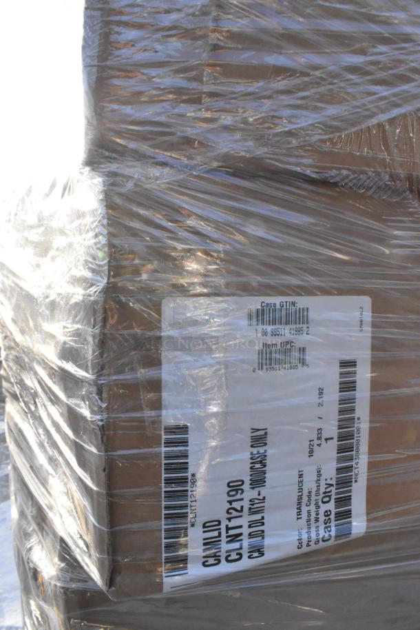Shrink-wrapped pallet of 22 new scratch and dent items, including Cambro CLNT12190 lids. Visible label details items and codes.