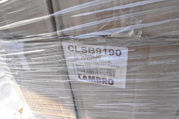 Pallet wrapped with visible Cambro CLSB9190 label. Includes scratch and dent items like Cambro lids and Scot Brite pads.
