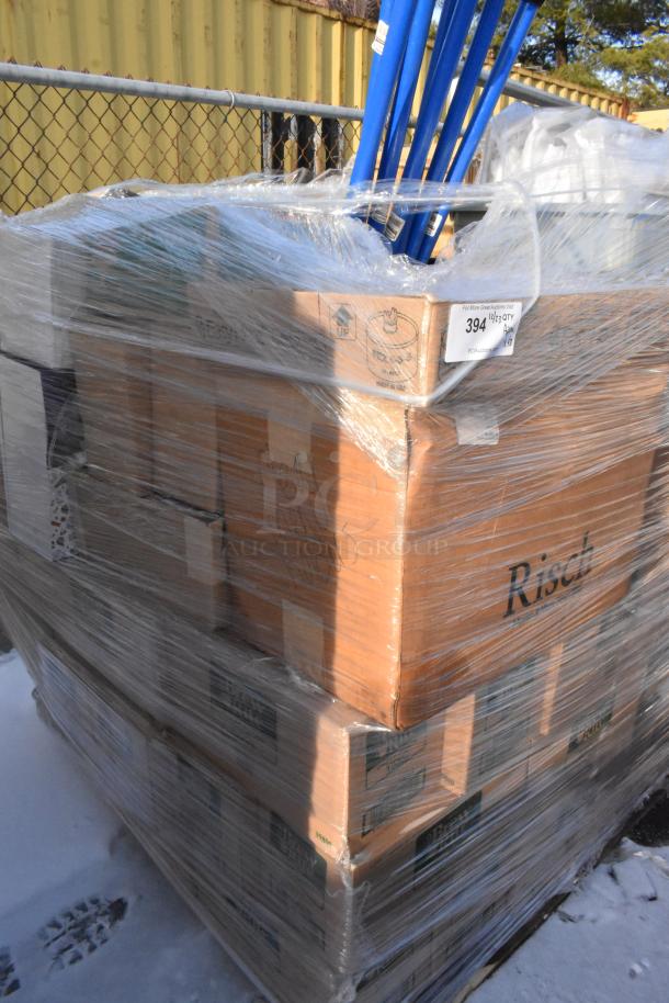 Pallet of 48 new scratch and dent items, wrapped in plastic. Includes Brew Rite filters, Hollowick fuel, ISI chargers, Vicrila glasses.