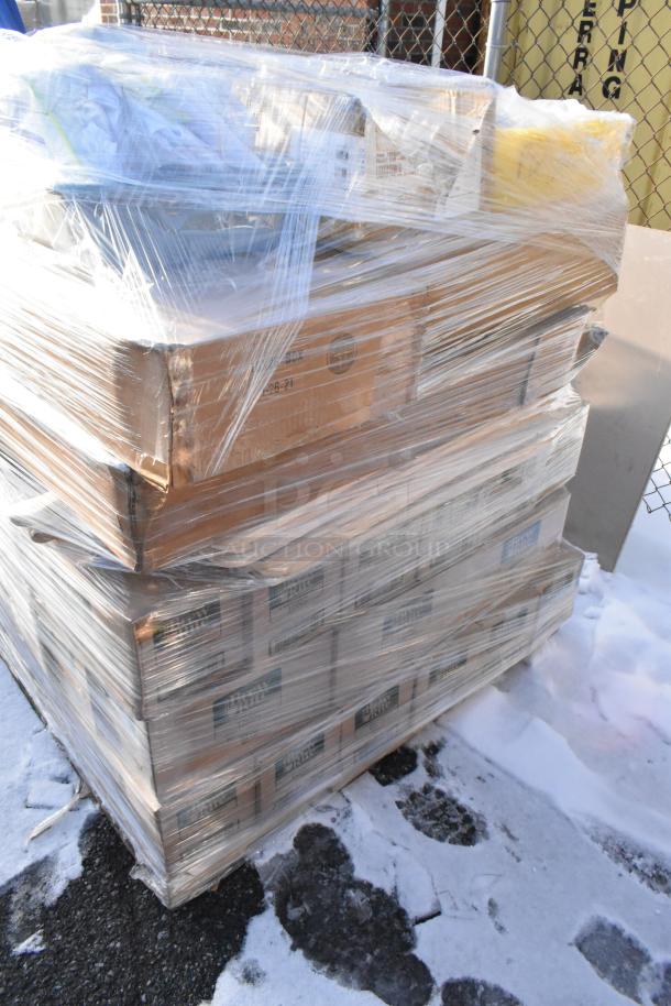 Pallet of 48 brand new items, shrink-wrapped, includes Brew Rite coffee filters, Hollowick chafer fuel, ISI chargers, Vicrila glasses.