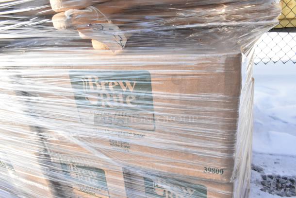 Shrink-wrapped boxes of Brew Rite coffee filters, visible through packaging. Marks indicate product as part of lot 39800.