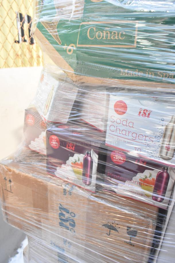 Sealed pallet containing Brew Rite filters, Hollowick chafer fuel, ISI soda chargers, Vicrila glasses. Scratch and dent sale.