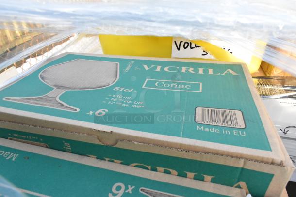 Auction lot of 48 brand new items including Vicrila Conac glasses, Brew Rite coffee filters, and others; some with scratch and dent.