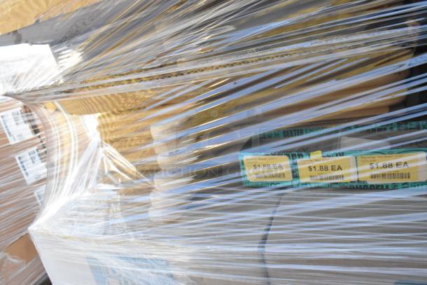 48 new scratch and dent items wrapped in plastic, including Brew Rite coffee filters, Hollowick's chafer fuel, and more. Tags show $1.88 each.