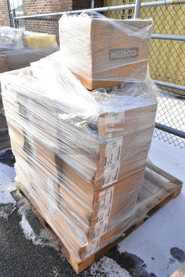 Pallet of 65 boxed scratch and dent items, including Cambro lids, Nemco slicers, Adcraft teaspoons, shrink-wrapped.