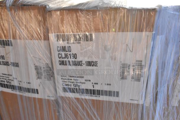 Shrink-wrapped case of Cambro CLJ6190 disposable lids, 1000 per case, labeled as translucent.