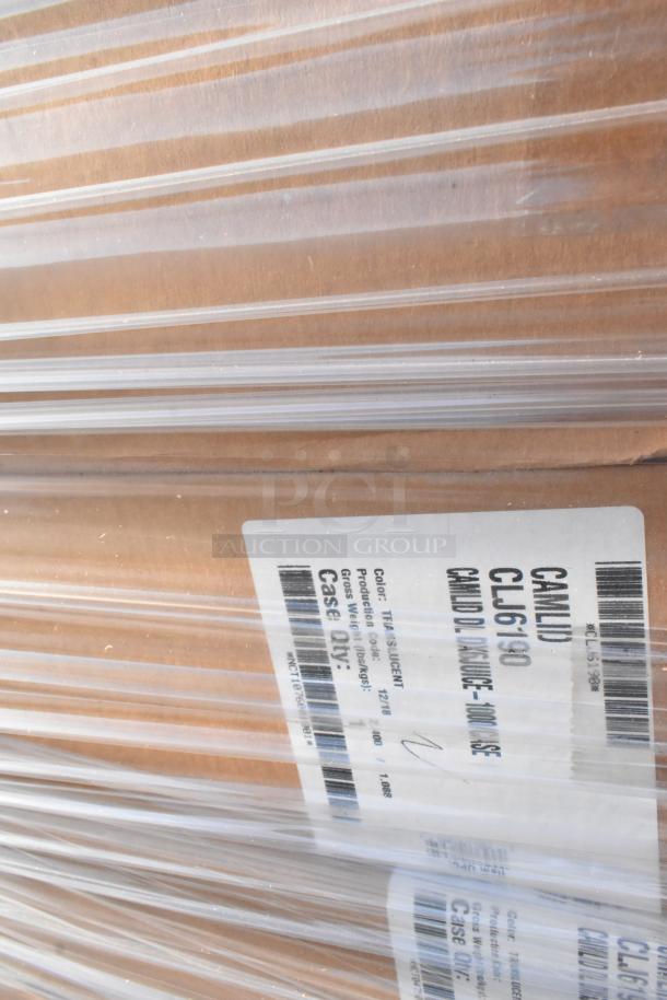 Stack of sealed boxes containing 65 brand new scratch and dent items, labeled with Cambro CLJ6190 for Dinex cups.