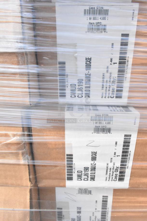 Bundles of new scratch and dent items wrapped in plastic, labels show Cambro CLJ6190 lids, 1-case quantity, UPC visible.
