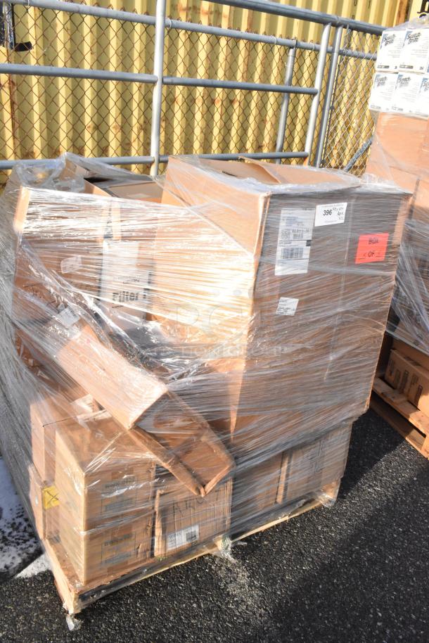 Pallet of 22 brand new scratch and dent items including Vertex bowls, Tuxton platters, TableCraft jars. Sealed boxes.