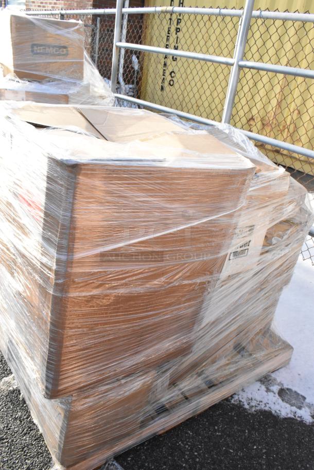 Pallet of 22 brand new scratch and dent items wrapped in plastic, including Vertex bowls, Tuxton platters, and jars.