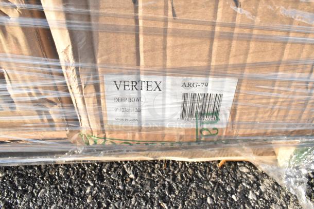 Cardboard box of Vertex ARG-79 deep bowls, 9"/23cm, with label showing barcode. Packaged in plastic wrap.