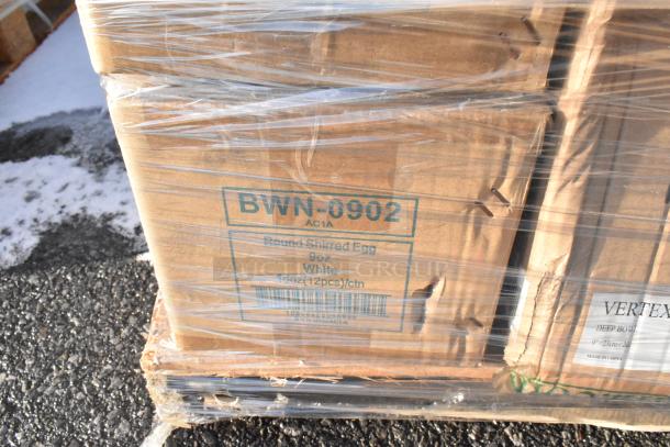 Package of BWN-0902 Round Shirred Egg dishes, 9 oz., 12 pieces per carton, wrapped on a pallet with other boxed items.